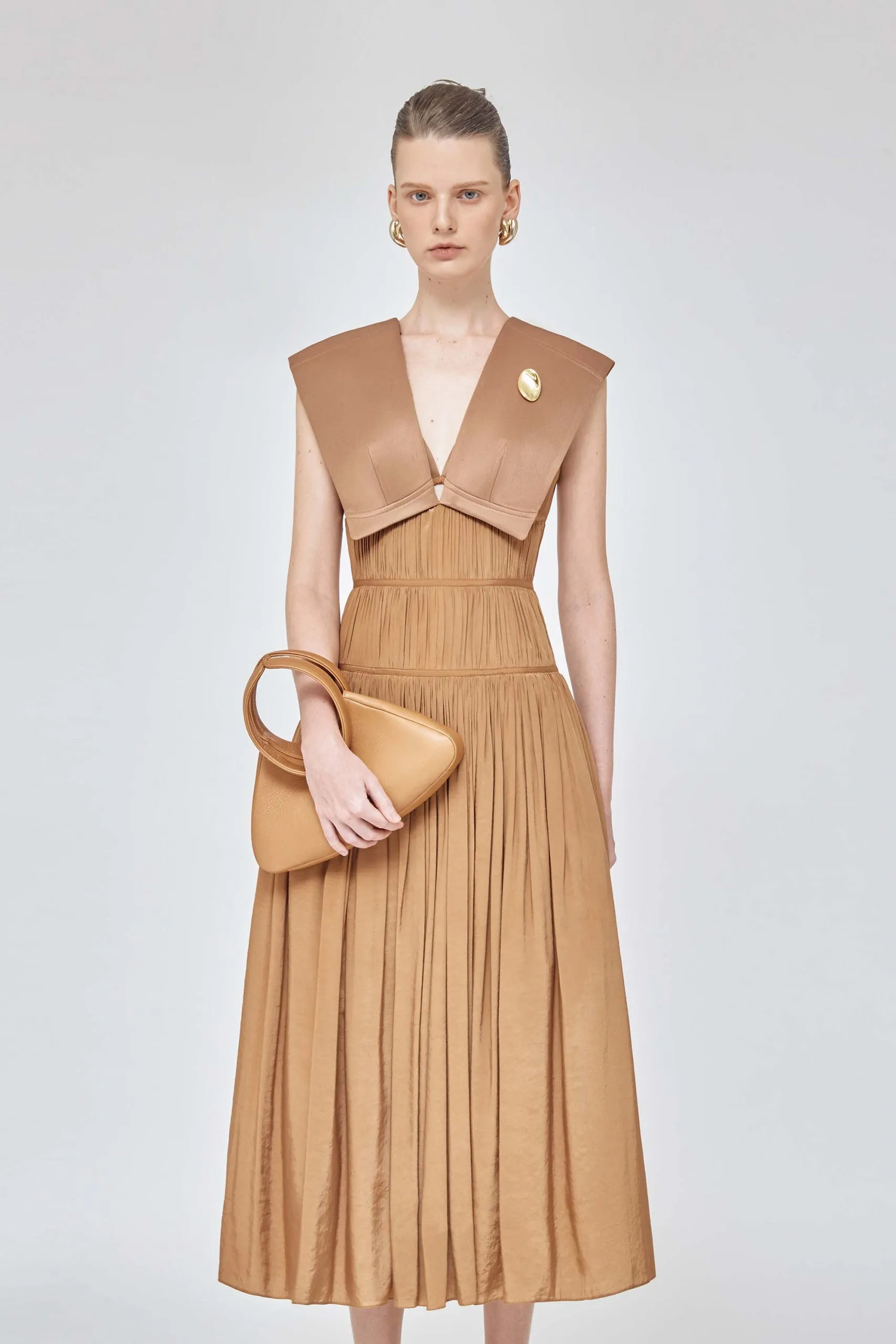 Shawl collar sleeveless elastic deep v neck pleated waist drape brown dress - Harp