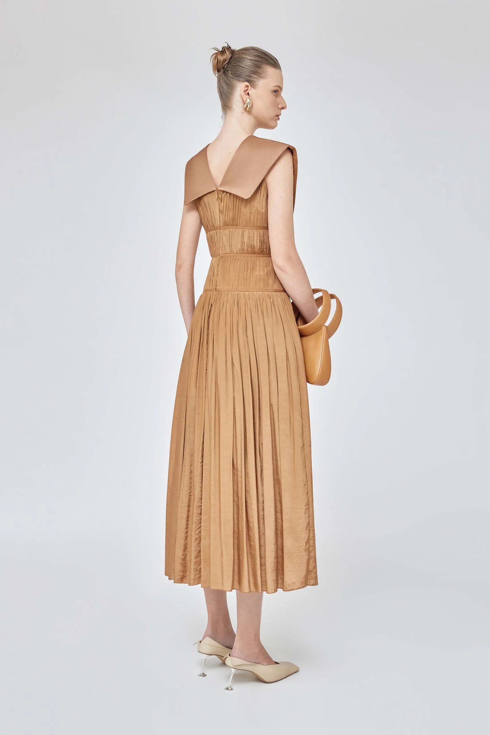 Shawl collar sleeveless elastic deep v neck pleated waist drape brown dress - Harp