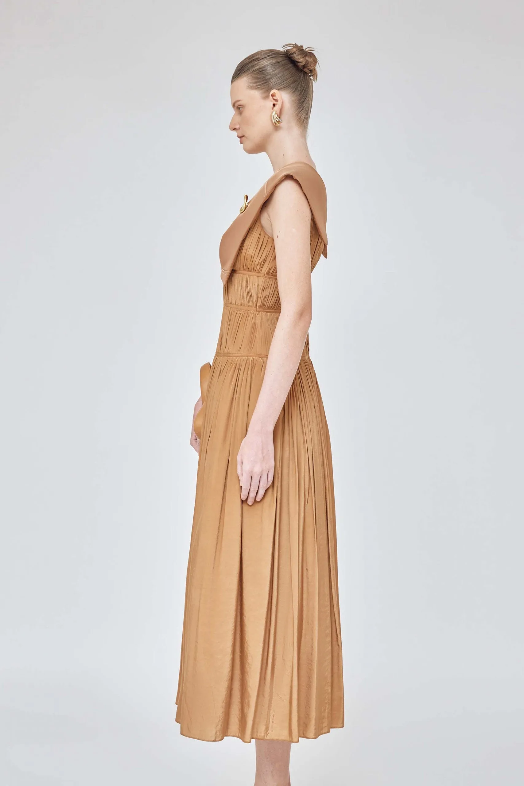 Shawl collar sleeveless elastic deep v neck pleated waist drape brown dress - Harp