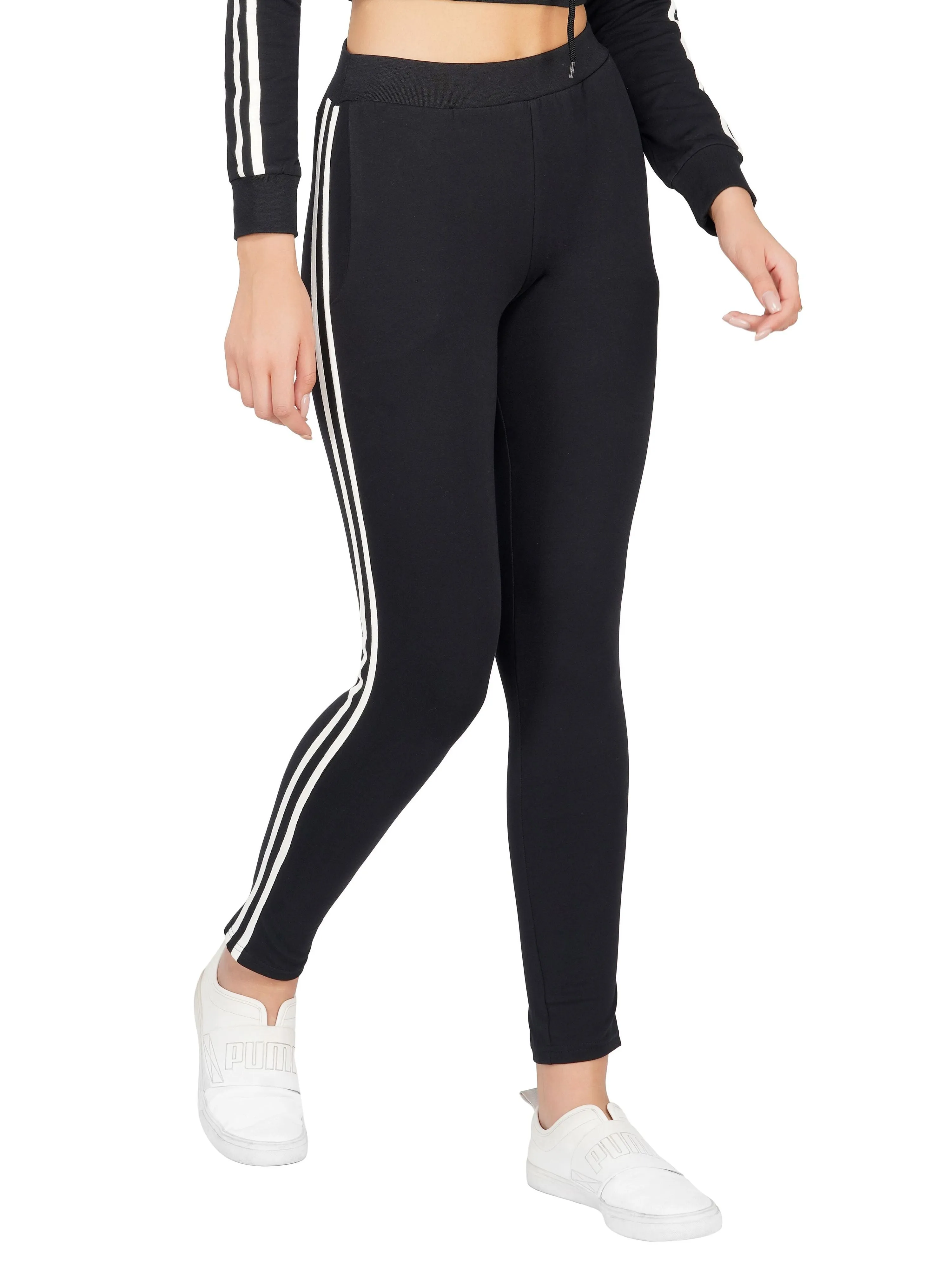 SLAY. Women's Black Jogger Pants With White Stripes