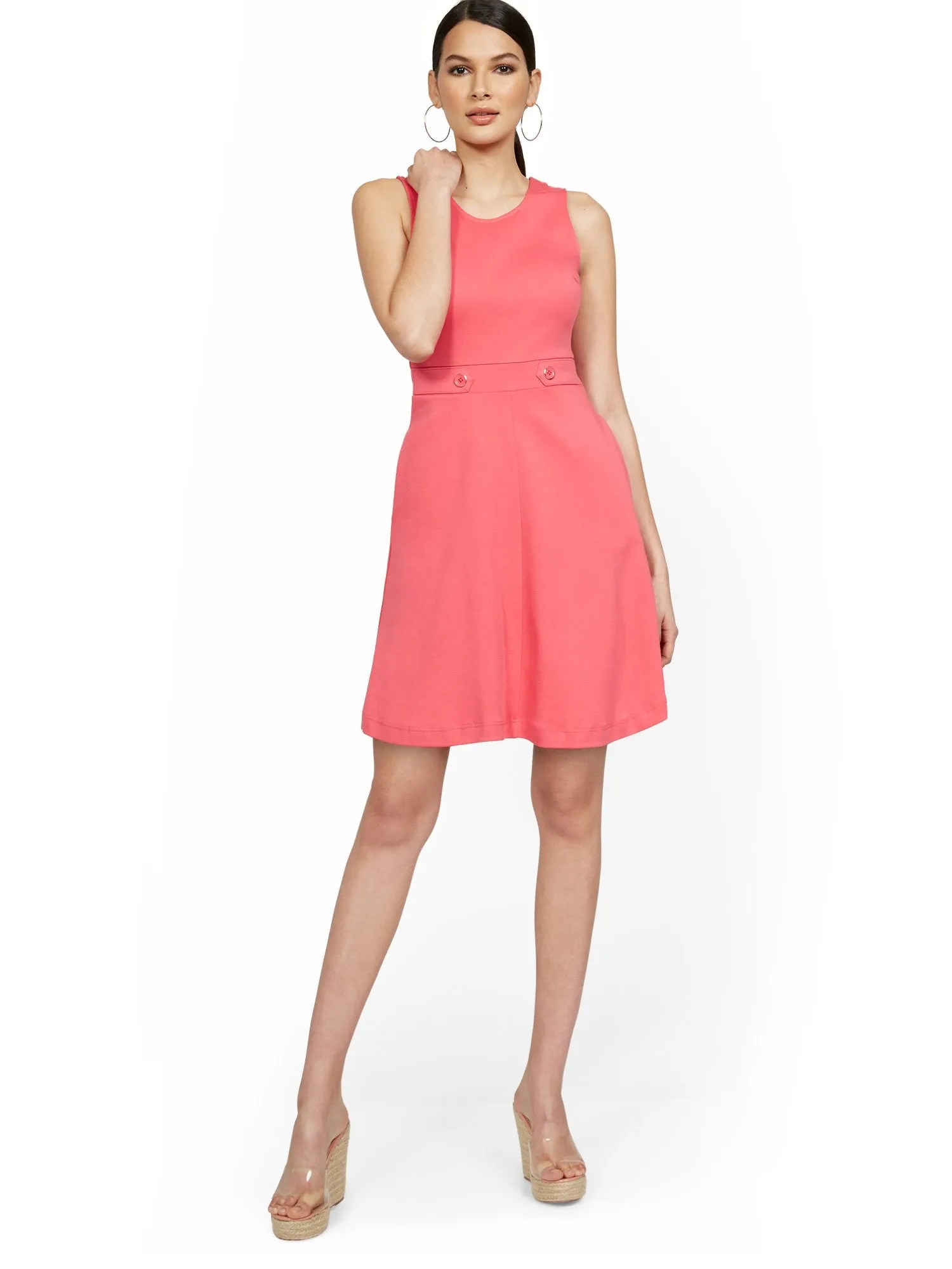 Sleeveless Two-Button Fit and Flare Dress - City Knits