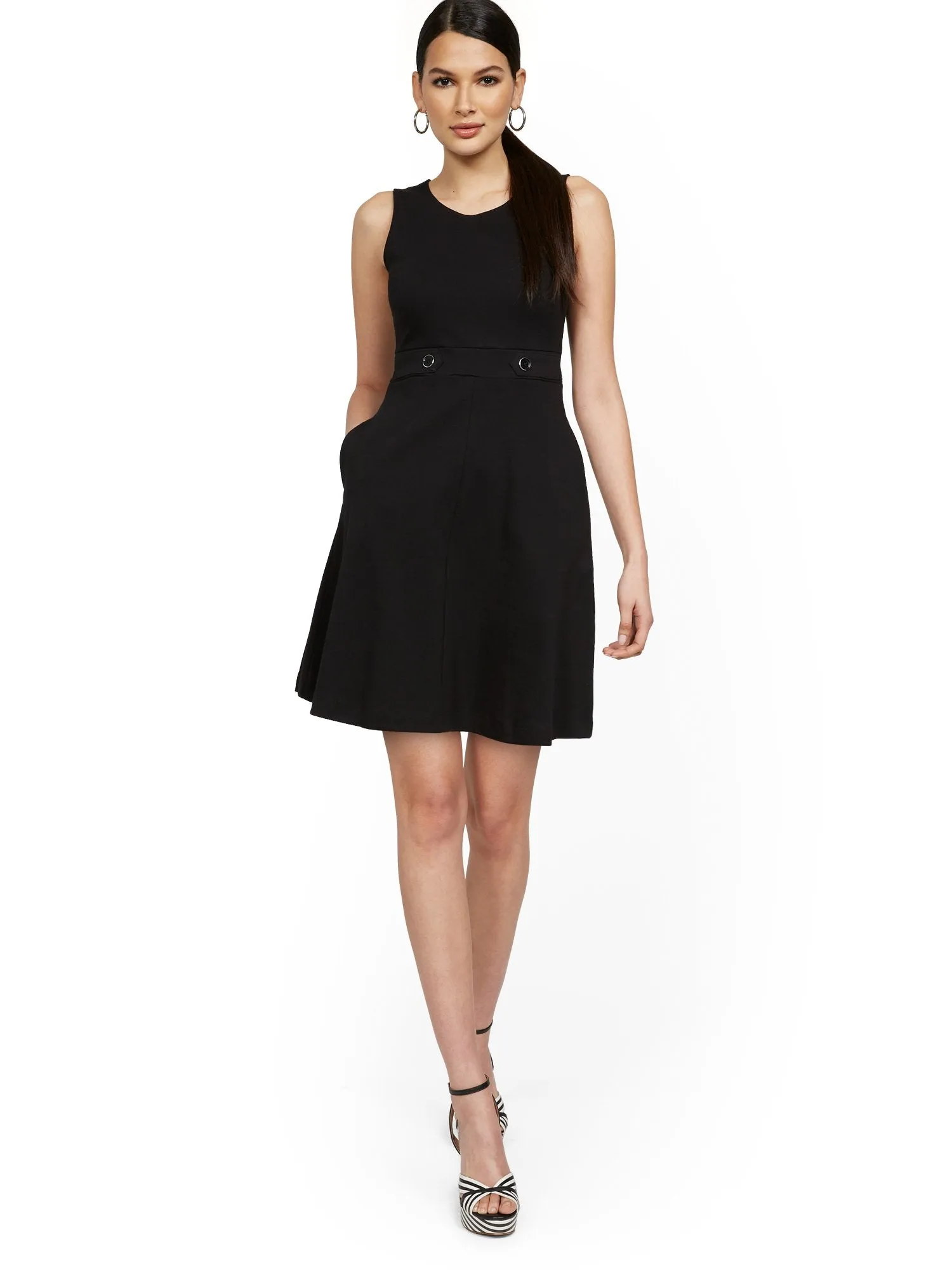 Sleeveless Two-Button Fit and Flare Dress - City Knits