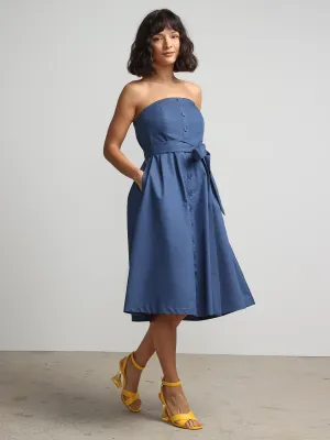 Strapless Belted Denim Flare Dress