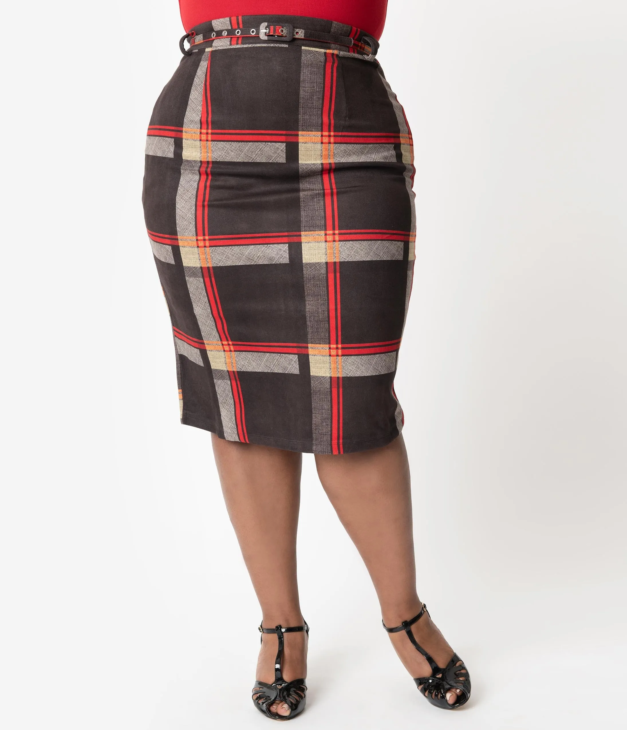 Unique Vintage Plus Size 1960s Black & Red Plaid High Waist Marcia Wiggle Skirt