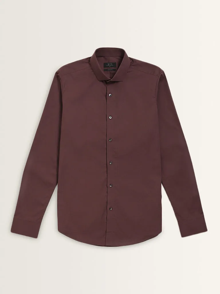 WES Formals Wine Solid Cotton Blend Ultra-Slim Fit Shirt